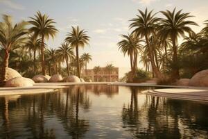 Palm Oasis with Reflecting Pool. Generative AI photo