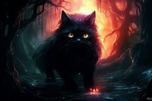 Black cat with glowing eyes walking through a forest. Generative AI photo