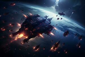 Dynamic shot of a gamer's character commanding a fleet of spaceships. Generative AI photo