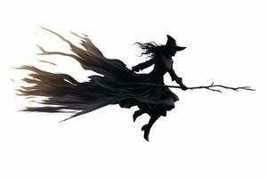 Silhouette of a witch flying on a broom. Generative AI photo