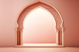 Pink wall with an illuminated arch. Generative AI photo