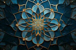 Elegant Islamic patterns in blue and gold. Generative AI photo