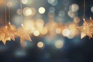 Three gold stars hanging from a string. Generative AI photo