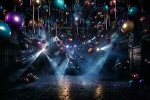 Room filled with lots of balloons and lights. Generative AI photo
