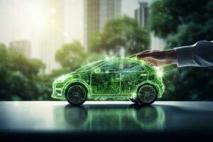 Going Green Electric Car with Clean Energy Background. Generative AI photo