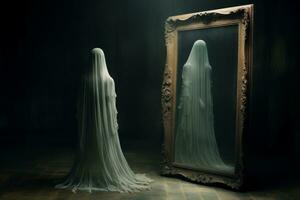 Ghostly apparition in an old mirror.. Generative AI photo