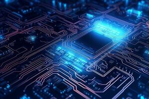 Holographic circuit board illustration. Generative AI photo
