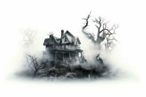 Haunted house engulfed in mist. Generative AI photo