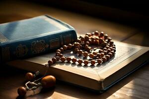 Islamic book and prayer beads. Generative AI photo