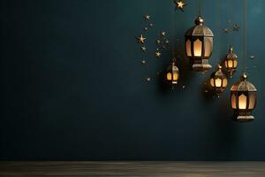 Lanterns and crescent moon. Generative AI photo