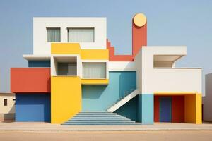 A multicolored building with stairs leading up to it. Generative AI photo