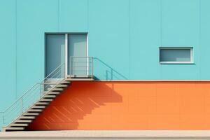 An orange and blue building with a stair case. Generative AI photo