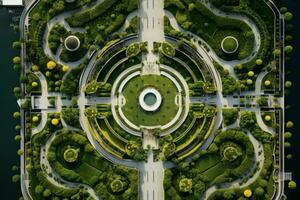 Innovative drone capturing the patterns of an urban park. Generative AI photo