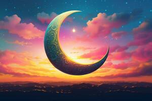 Islamic crescent moon on vibrant sky. Generative AI photo