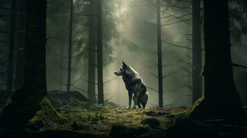 Lone wolf standing in a forest clearing. Generative AI photo