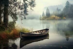 Misty lake scene with a wooden rowboat. Generative AI photo
