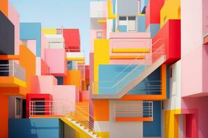 A colorful building with a staircase leading up to it. Generative AI photo