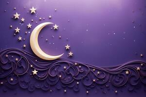 Moon and stars on a purple pattern for Mawlid. Generative AI photo