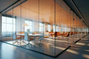 Office Interior with Glass Partitions. Generative AI photo