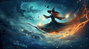 Mysterious witch flying on a broomstick. Generative AI photo