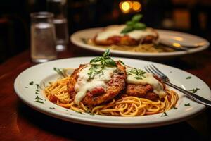 platos de pollo parmesana. generativo ai foto