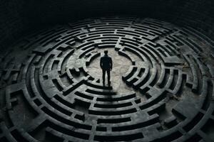 Person staring at a maze on the ground. Generative AI photo
