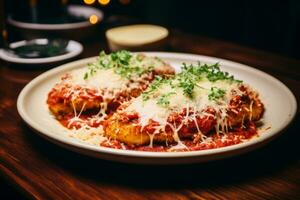 Plates of chicken parmigiana garnished with grated Parmesan. Generative AI photo