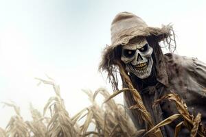 Scary scarecrow lurking in a cornfield. Generative AI photo