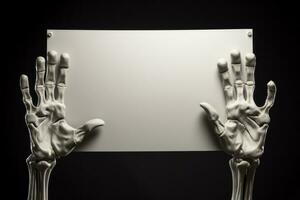 Skeleton hand holding a blank sign for your Halloween festival. Generative AI photo