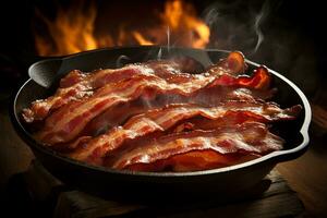 Sizzling bacon strips in a cast iron skillet. Generative AI photo