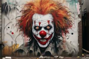 Sinister clown face painted on a wall. Generative AI photo