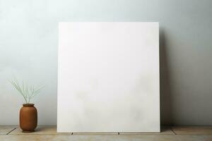 Vase with a plant next to a blank canvas. Generative AI photo