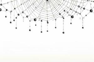 Spooky spiderweb with a spider hanging and dew drops on a white. Generative AI photo