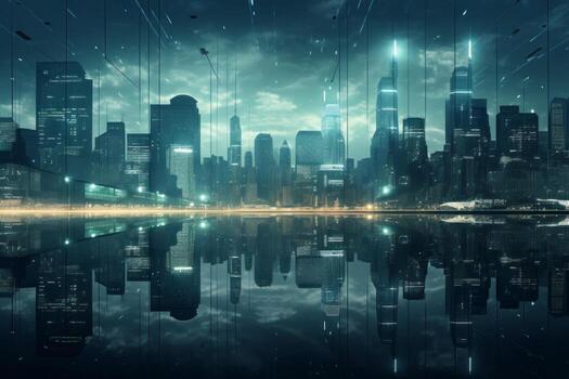 Urban Cityscape with Illuminated Buildings. Generative AI photo