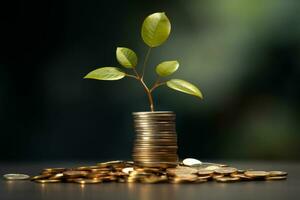 Plant growing out of a stack of coins. Generative AI photo