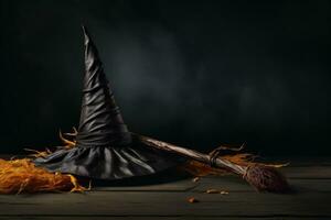 Witch's hat and broomstick on a dark surface. Generative AI photo