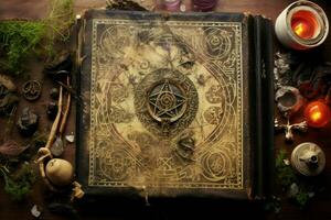 Wicked witch's spell book with ancient symbols. Generative AI photo