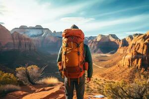 Hiking Backpacker in National Park. Generative AI photo