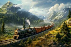 Cargo Train in Scenic Valley. Generative AI photo