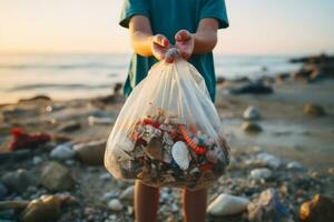 Child Holding Beach Trash. Generative AI photo