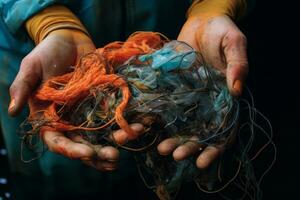 Volunteer with Tangled Fishing Line. Generative AI photo