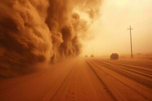 Sandstorm on Desert Road. Generative AI photo