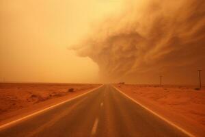 Sandstorm on Desert Road. Generative AI photo