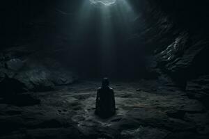 Isolation in Dark Cave. Generative AI photo
