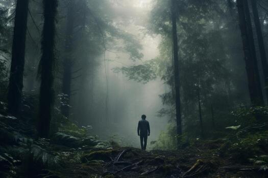 Feeling Lost in Dense Forest. Generative AI photo