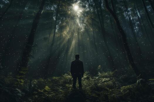 Feeling Lost in Dense Forest. Generative AI photo