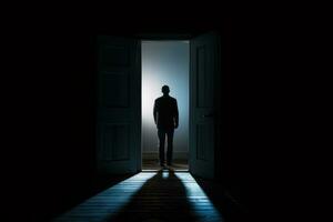 A person's silhouette against a closed door. Generative AI photo