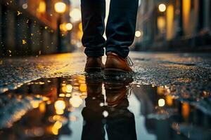 Emotional Turbulence in Rainy Puddle. Generative AI photo