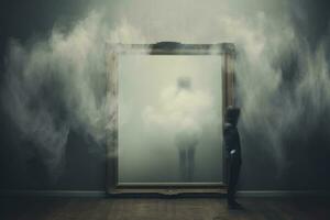 Obscured Self-Perception in Mirror. Generative AI photo