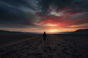 Desolation Silhouette man against barren landscape. Generative AI photo